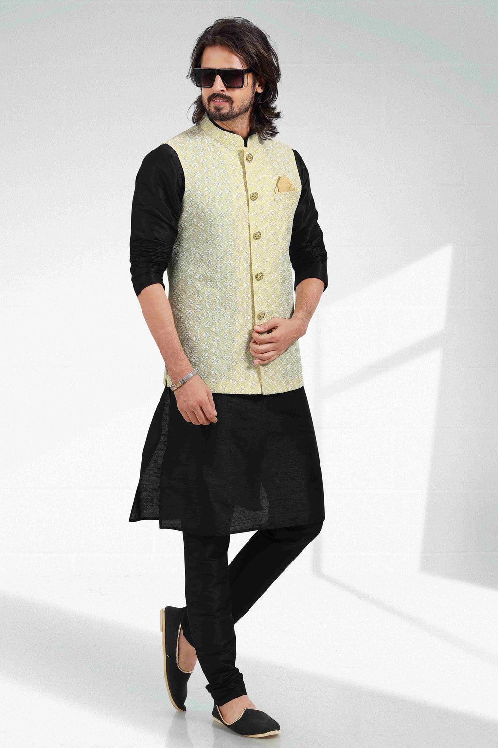 Raivat Ethnic Art Banarasi Silk Thread Work 3 Pics Jacket Set In Yellow Colour | Grocsy