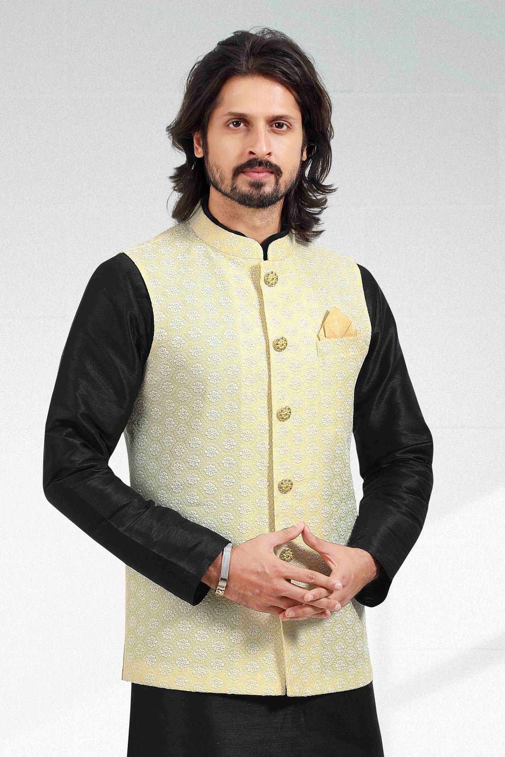 Raivat Ethnic Art Banarasi Silk Thread Work 3 Pics Jacket Set In Yellow Colour | Grocsy