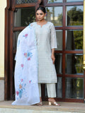 Vaasva Women's Grey Blue Linen Suit Set With Cutwork Dupatta | Grocsy