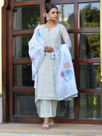 Vaasva Women's Grey Blue Linen Suit Set With Cutwork Dupatta | Grocsy