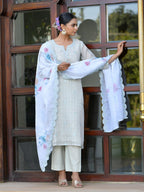 Vaasva Women's Grey Blue Linen Suit Set With Cutwork Dupatta | Grocsy