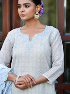 Vaasva Women's Grey Blue Linen Suit Set With Cutwork Dupatta | Grocsy