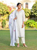 Vaasva Women's Grey Green Linen Suit Set With Cutwork Dupatta | Grocsy