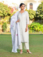 Vaasva Women's Grey Green Linen Suit Set With Cutwork Dupatta | Grocsy
