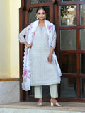 Vaasva Women's Grey Pink Linen Suit Set With Cutwork Dupatta | Grocsy