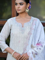 Vaasva Women's Grey Pink Linen Suit Set With Cutwork Dupatta | Grocsy