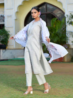 Vaasva Women's Grey Purple Linen Suit Set With Cutwork Dupatta | Grocsy