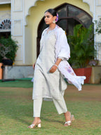Vaasva Women's Grey Purple Linen Suit Set With Cutwork Dupatta | Grocsy