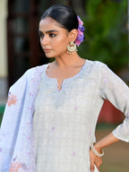 Vaasva Women's Grey Purple Linen Suit Set With Cutwork Dupatta | Grocsy