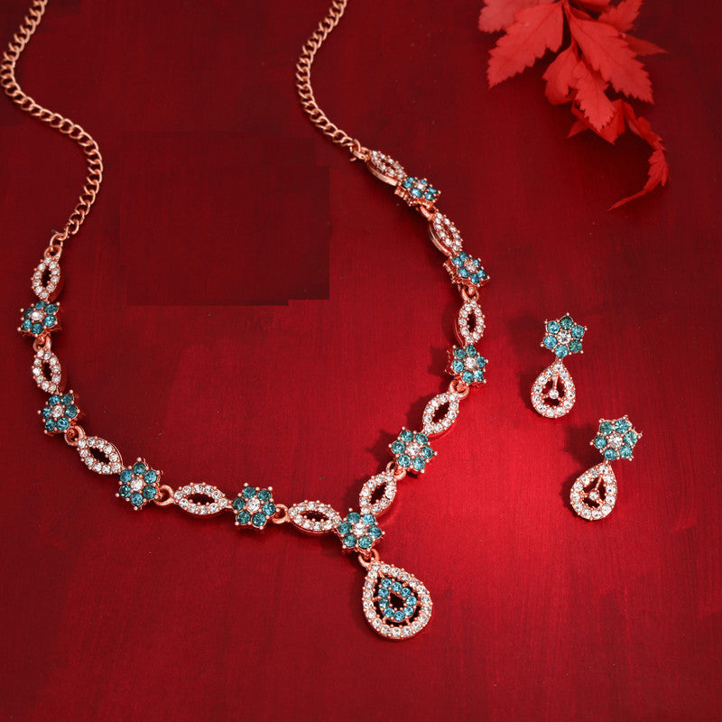 Tehzeeb Creations Elegant Sky Blue Polished American Diamond (Ad) Studded Necklace And Earring Set For Women - Swadesiicart