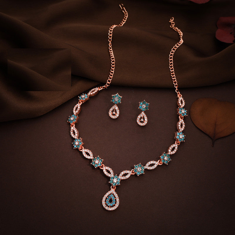 Tehzeeb Creations Elegant Sky Blue Polished American Diamond (Ad) Studded Necklace And Earring Set For Women - Swadesiicart