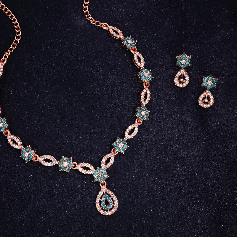 Tehzeeb Creations Elegant Sky Blue Polished American Diamond (Ad) Studded Necklace And Earring Set For Women - Swadesiicart