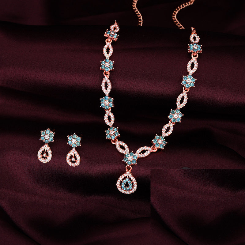 Tehzeeb Creations Elegant Sky Blue Polished American Diamond (Ad) Studded Necklace And Earring Set For Women - Swadesiicart