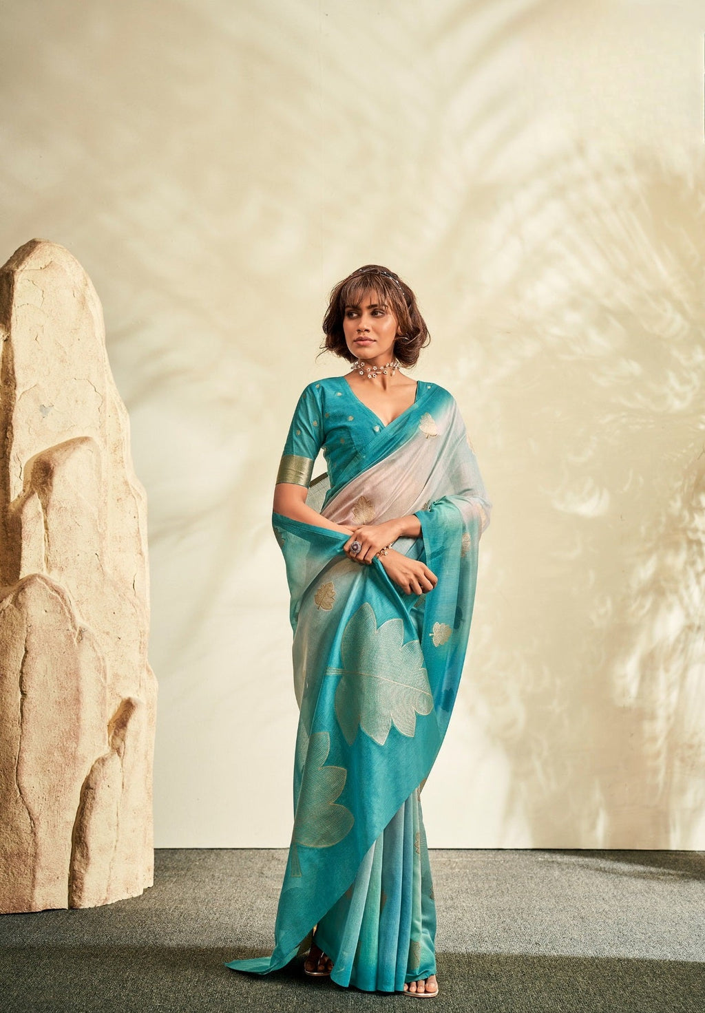 Anaita Sky Blue Printed Handloom Khadi Silk Silk Saree With Blouse | Grocsy