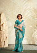Anaita Sky Blue Printed Handloom Khadi Silk Silk Saree With Blouse | Grocsy