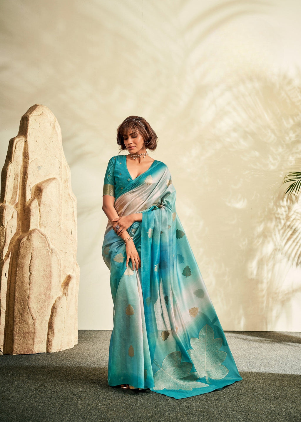 Anaita Sky Blue Printed Handloom Khadi Silk Silk Saree With Blouse | Grocsy