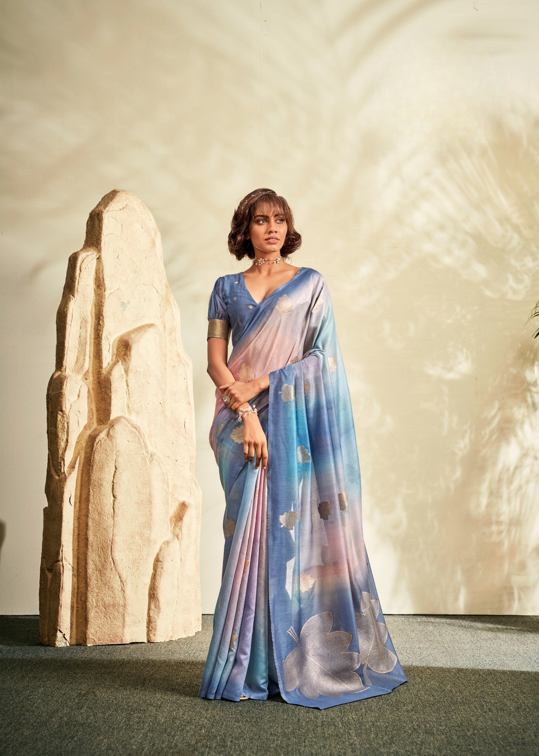 Anaita Blue Printed Handloom Khadi Silk Silk Saree With Blouse | Grocsy
