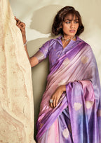 Anaita Lavender Printed Handloom Khadi Silk Silk Saree With Blouse | Grocsy