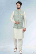 Raivat Ethnic Art Banarasi Silk Thread Work 3 Pics Jacket Set In Mehendi Green Colour | Grocsy