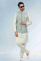 Raivat Ethnic Art Banarasi Silk Thread Work 3 Pics Jacket Set In Mehendi Green Colour | Grocsy