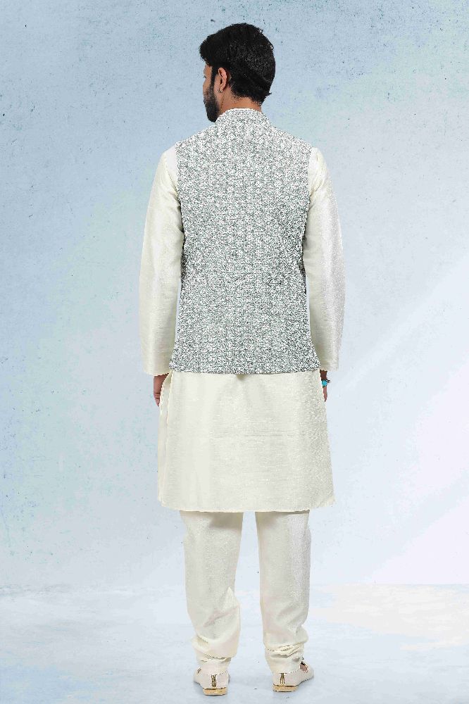 Raivat Ethnic Art Banarasi Silk Thread Work 3 Pics Jacket Set In Mehendi Green Colour | Grocsy