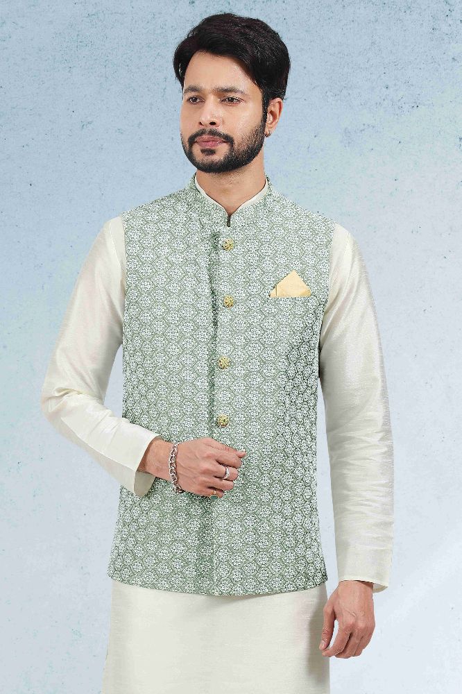Raivat Ethnic Art Banarasi Silk Thread Work 3 Pics Jacket Set In Mehendi Green Colour | Grocsy