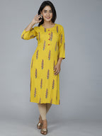 HERE&NOW Women Mustard Yellow Floral Mirror Work Floral Kurta | Grocsy