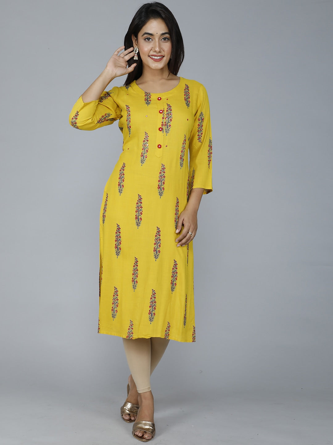 HERE&NOW Women Mustard Yellow Floral Mirror Work Floral Kurta | Grocsy