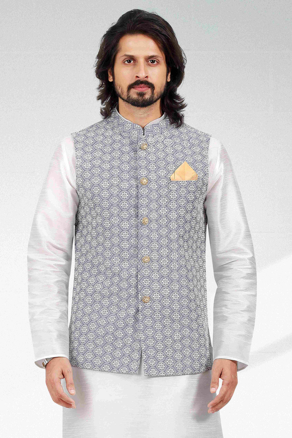 Raivat Ethnic Art Banarasi Silk Thread Work 3 Pics Jacket Set In Purple Light Colour | Grocsy