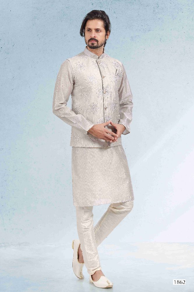 Raivat Ethnic Art Banarasi Silk Thread Work 3 Pics Jacket Set In Grey Colour | Grocsy