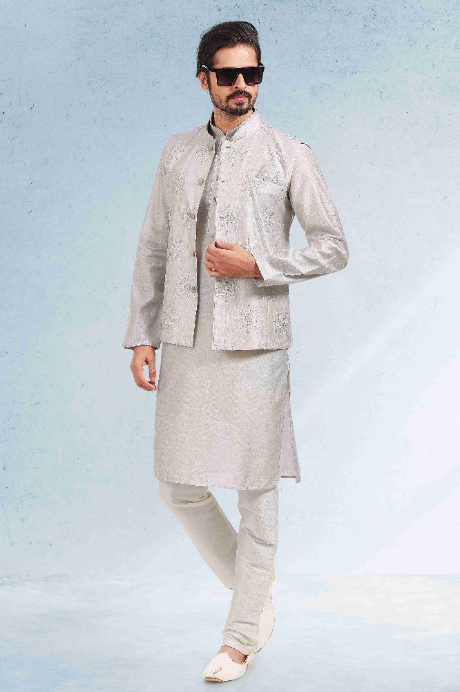 Raivat Ethnic Art Banarasi Silk Thread Work 3 Pics Jacket Set In Grey Colour | Grocsy