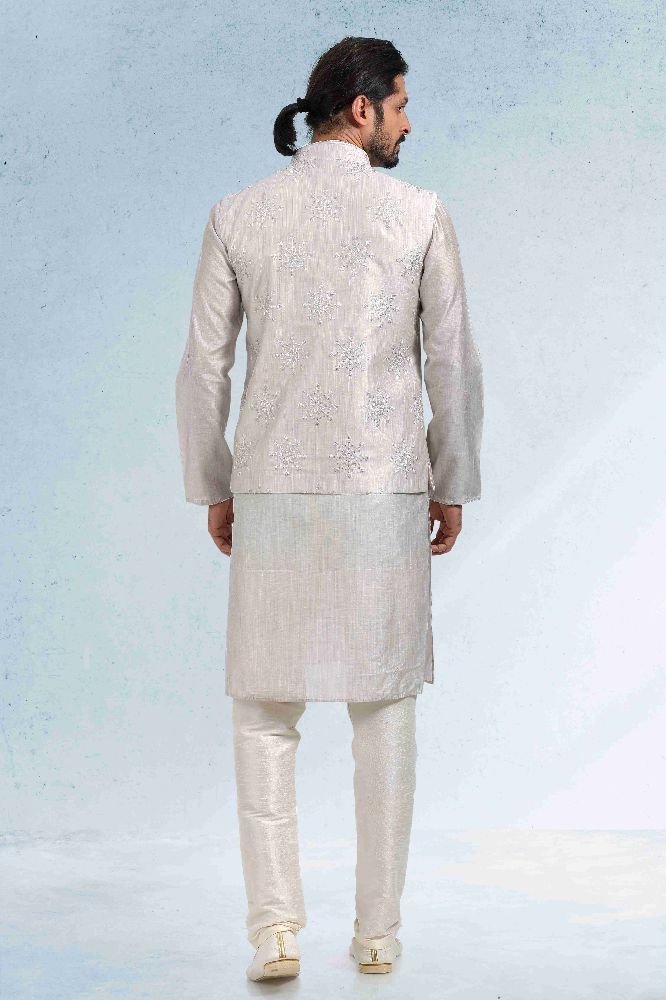 Raivat Ethnic Art Banarasi Silk Thread Work 3 Pics Jacket Set In Grey Colour | Grocsy