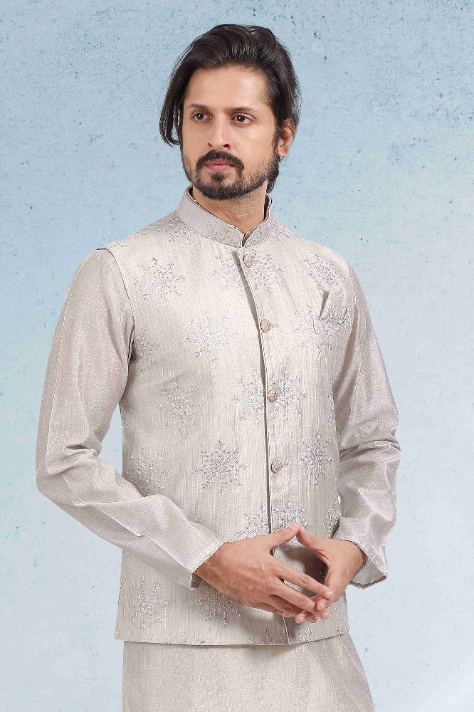 Raivat Ethnic Art Banarasi Silk Thread Work 3 Pics Jacket Set In Grey Colour | Grocsy