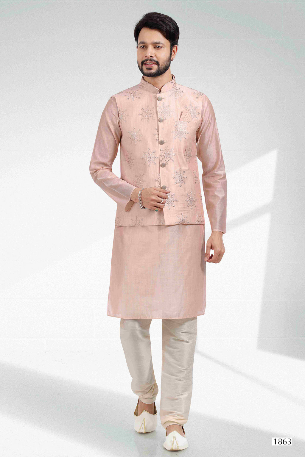 Raivat Ethnic Art Banarasi Silk Thread Work 3 Pics Jacket Set In Light Peach Colour | Grocsy
