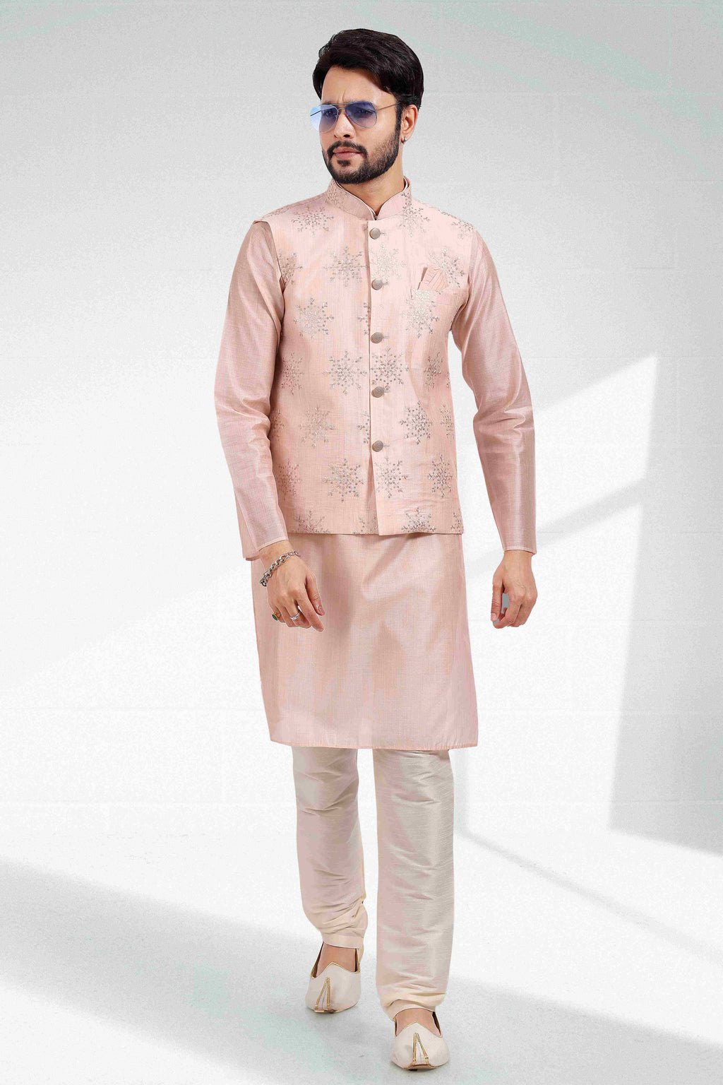 Raivat Ethnic Art Banarasi Silk Thread Work 3 Pics Jacket Set In Light Peach Colour | Grocsy