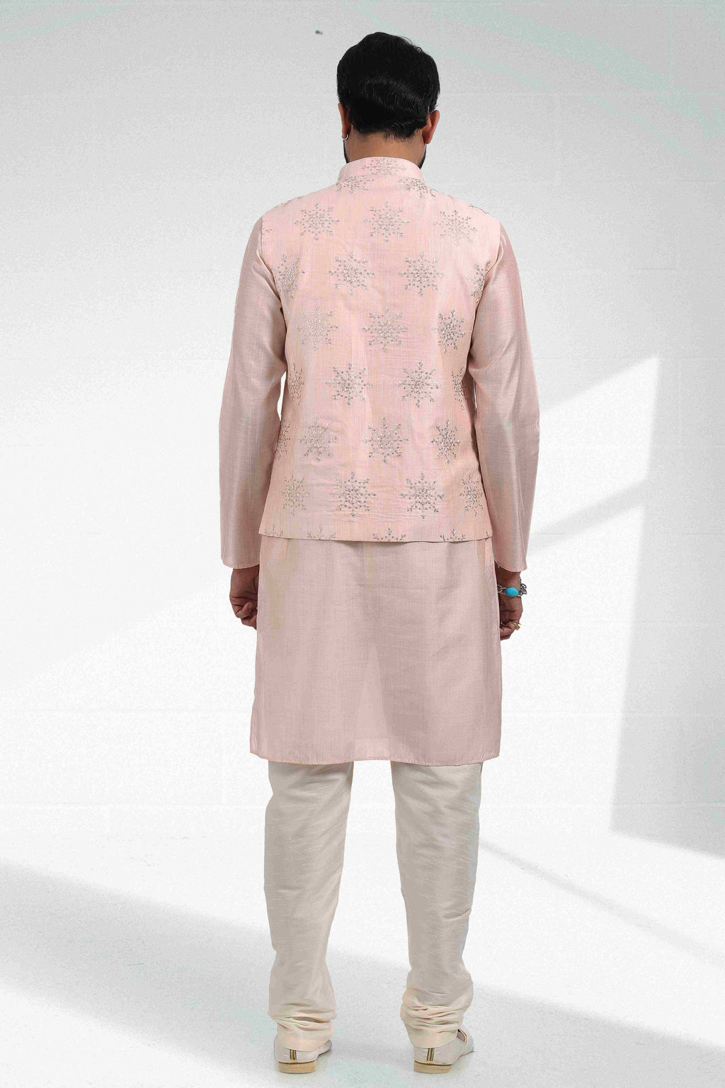 Raivat Ethnic Art Banarasi Silk Thread Work 3 Pics Jacket Set In Light Peach Colour | Grocsy