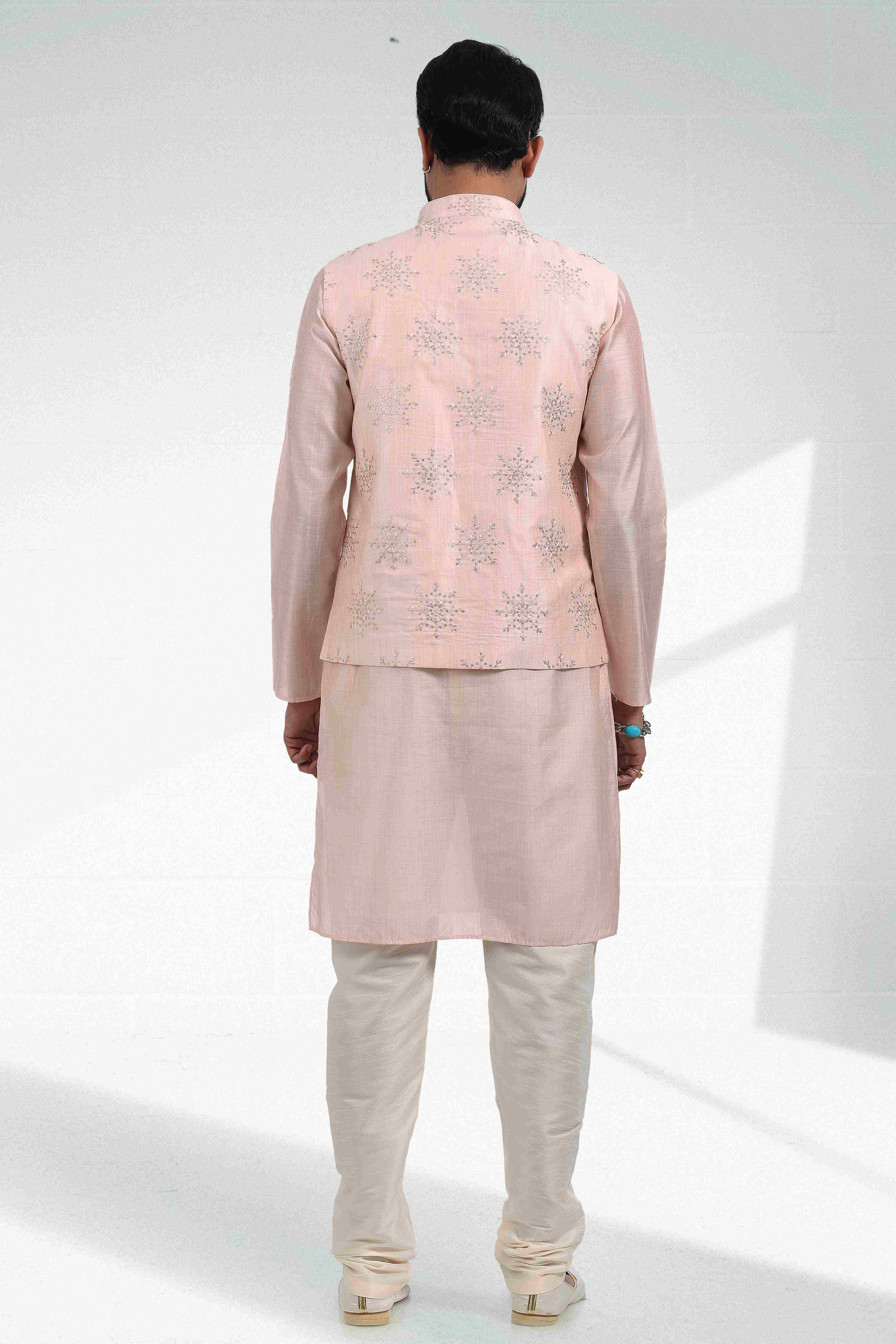 Raivat Ethnic Art Banarasi Silk Thread Work 3 Pics Jacket Set In Light Peach Colour | Grocsy