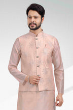 Raivat Ethnic Art Banarasi Silk Thread Work 3 Pics Jacket Set In Light Peach Colour | Grocsy