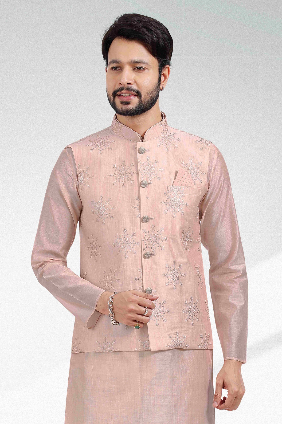 Raivat Ethnic Art Banarasi Silk Thread Work 3 Pics Jacket Set In Light Peach Colour | Grocsy
