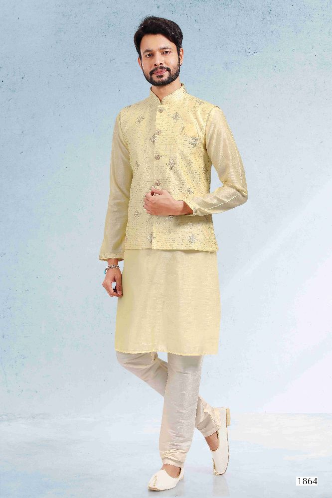 Raivat Ethnic Art Banarasi Silk Thread Work 3 Pics Jacket Set In Yellow Colour | Grocsy
