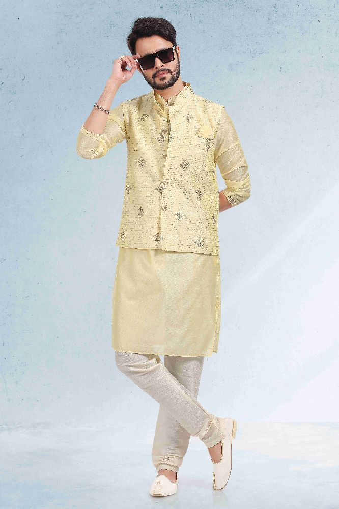 Raivat Ethnic Art Banarasi Silk Thread Work 3 Pics Jacket Set In Yellow Colour | Grocsy