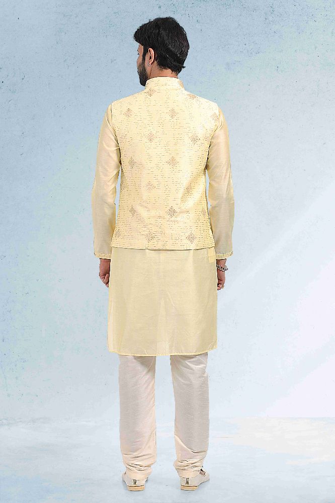 Raivat Ethnic Art Banarasi Silk Thread Work 3 Pics Jacket Set In Yellow Colour | Grocsy