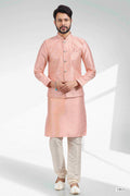 Raivat Ethnic Art Banarasi Silk Thread Work 3 Pics Jacket Set In Peach Colour | Grocsy