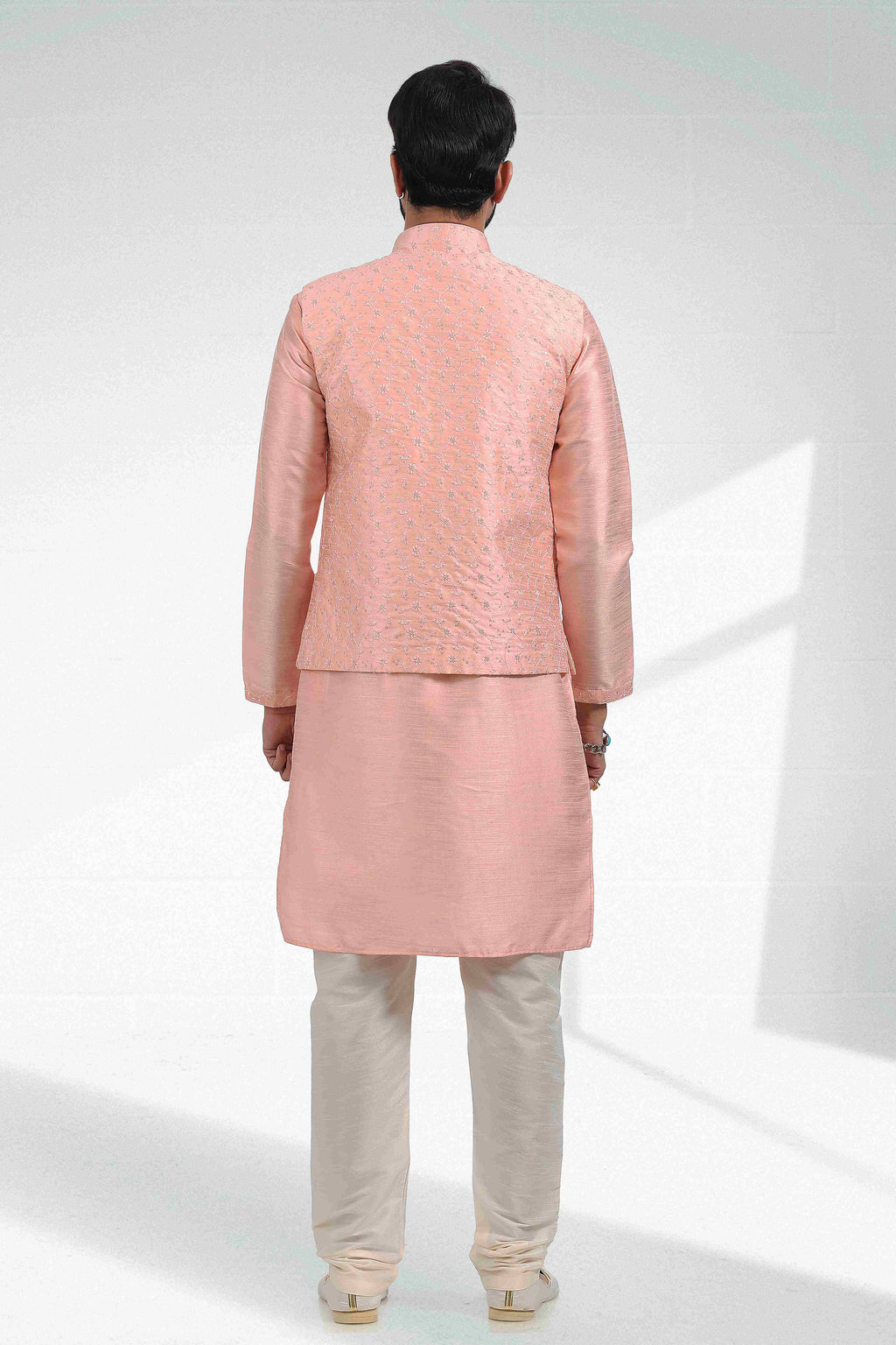 Raivat Ethnic Art Banarasi Silk Thread Work 3 Pics Jacket Set In Peach Colour | Grocsy