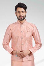 Raivat Ethnic Art Banarasi Silk Thread Work 3 Pics Jacket Set In Peach Colour | Grocsy