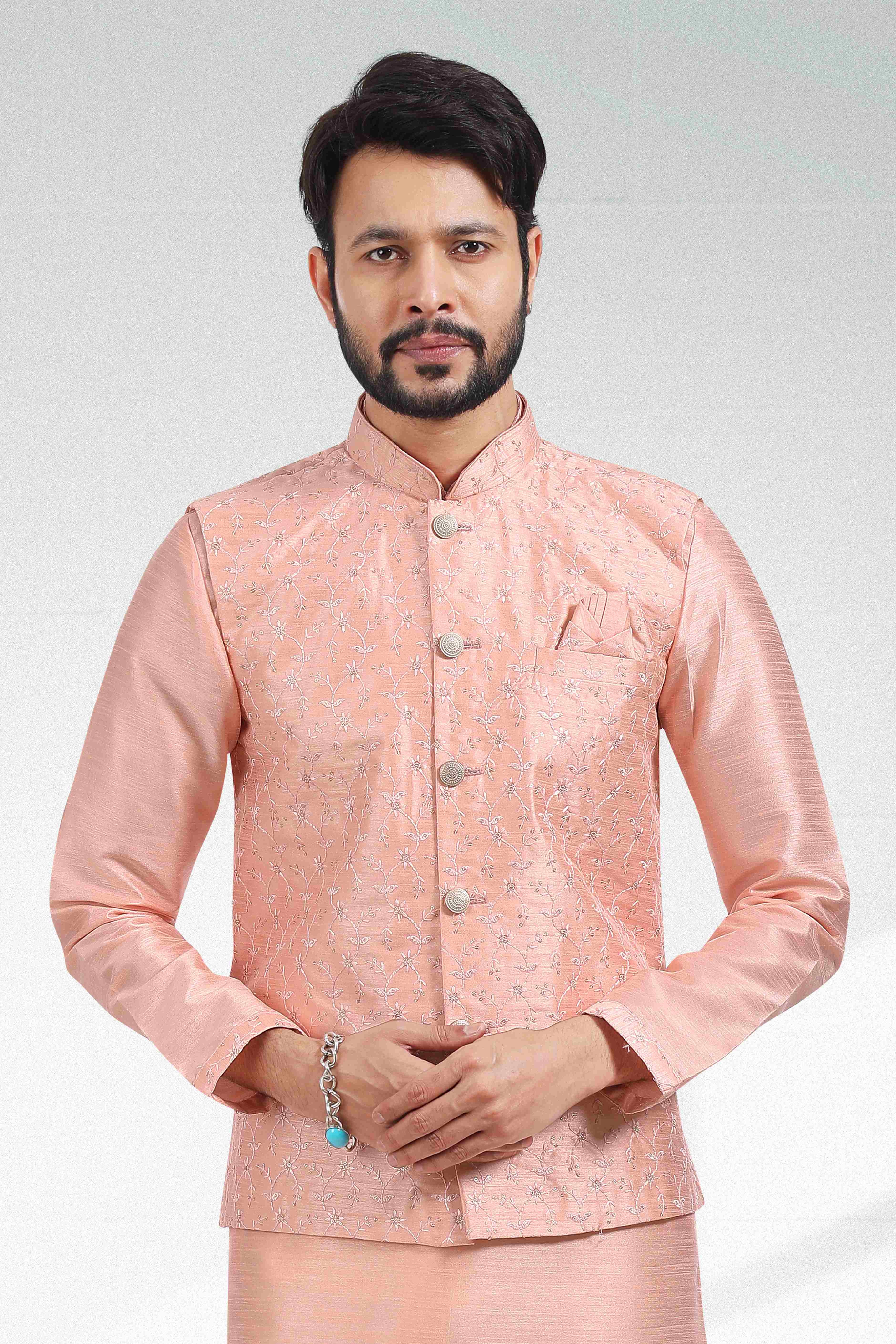 Raivat Ethnic Art Banarasi Silk Thread Work 3 Pics Jacket Set In Peach Colour | Grocsy