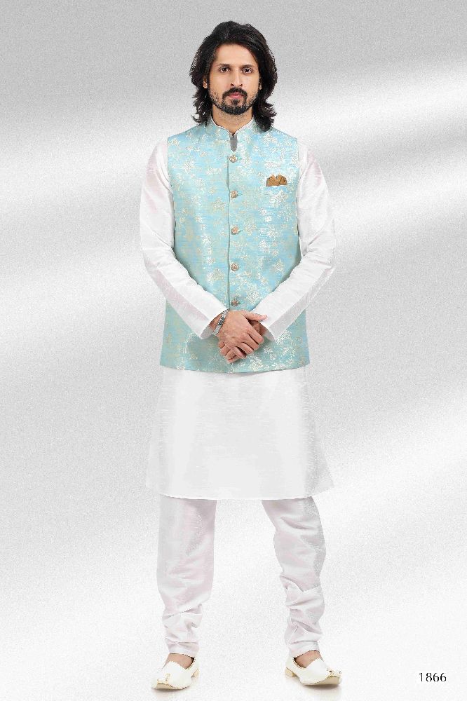 Raivat Ethnic Jacquard Banarasi Silk Woven Work 3 Pics Jacket Set In Sky Blue Colour | Grocsy
