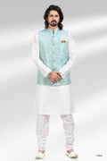 Raivat Ethnic Jacquard Banarasi Silk Woven Work 3 Pics Jacket Set In Sky Blue Colour | Grocsy