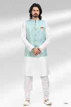 Raivat Ethnic Jacquard Banarasi Silk Woven Work 3 Pics Jacket Set In Sky Blue Colour | Grocsy