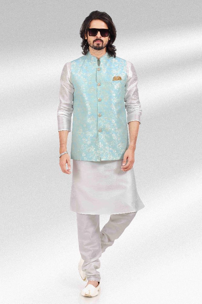 Raivat Ethnic Jacquard Banarasi Silk Woven Work 3 Pics Jacket Set In Sky Blue Colour | Grocsy